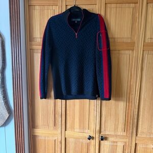 Title nine Navy Zip Sweater with Red Sleeve Stripe